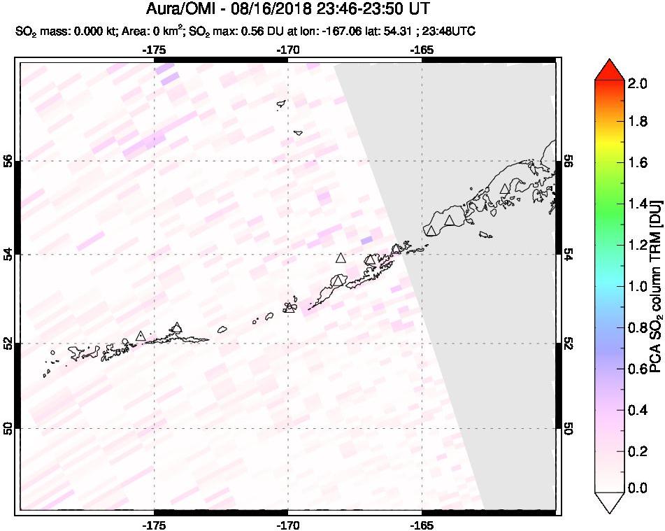 A sulfur dioxide image over Aleutian Islands, Alaska, USA on Aug 16, 2018.