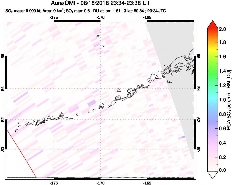 A sulfur dioxide image over Aleutian Islands, Alaska, USA on Aug 18, 2018.