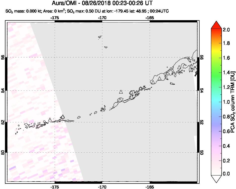 A sulfur dioxide image over Aleutian Islands, Alaska, USA on Aug 26, 2018.