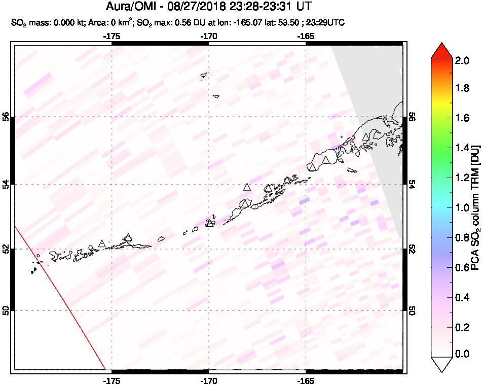 A sulfur dioxide image over Aleutian Islands, Alaska, USA on Aug 27, 2018.