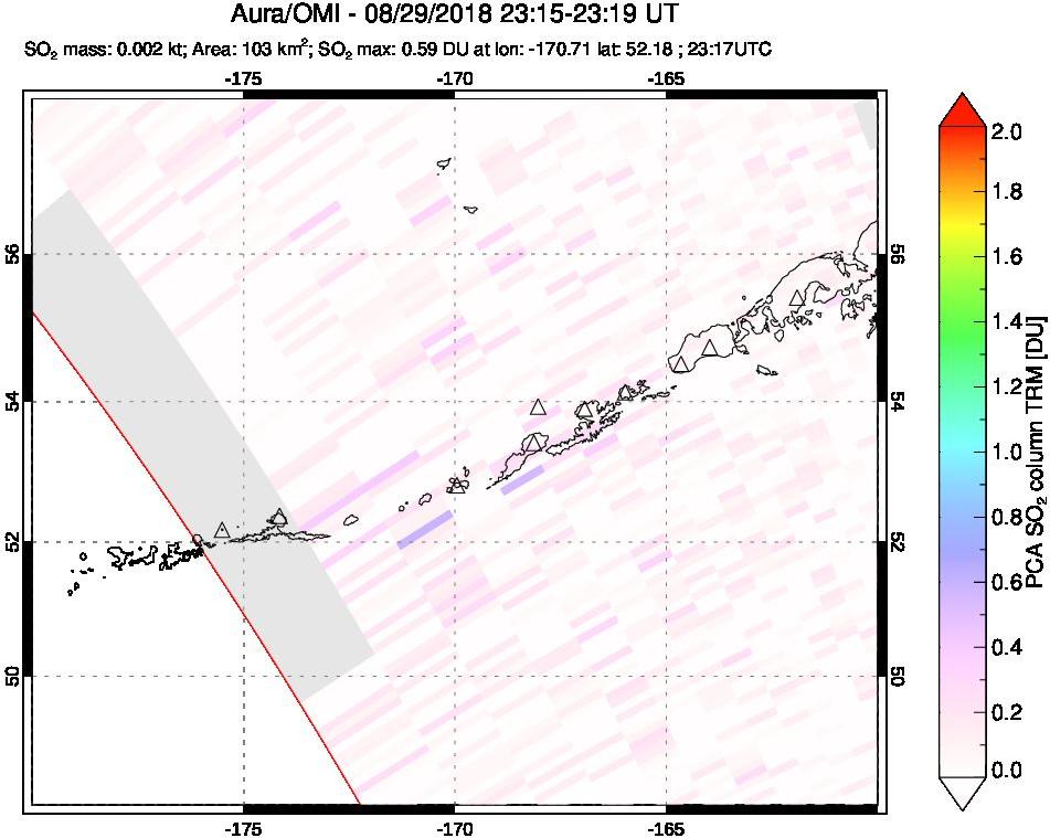 A sulfur dioxide image over Aleutian Islands, Alaska, USA on Aug 29, 2018.