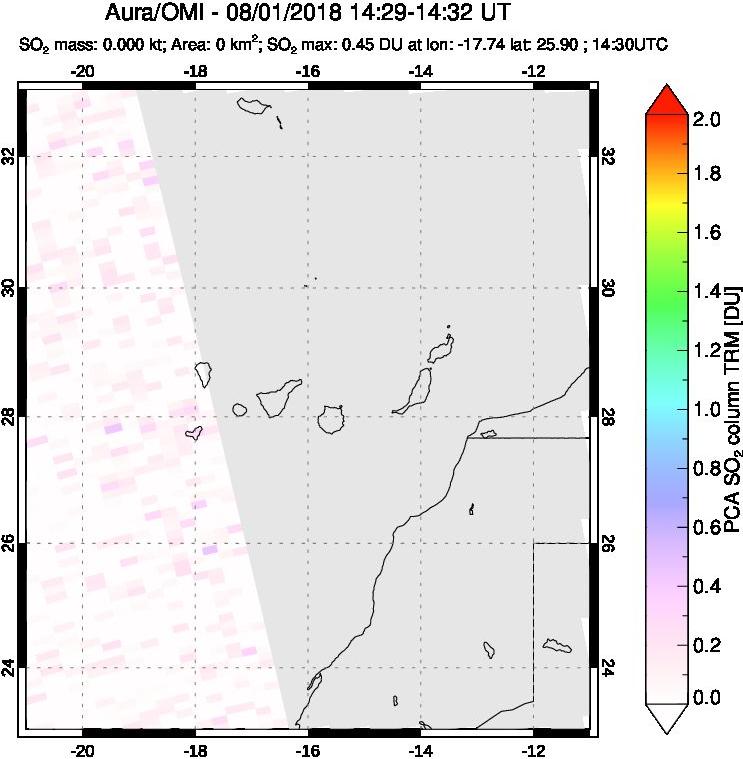 A sulfur dioxide image over Canary Islands on Aug 01, 2018.