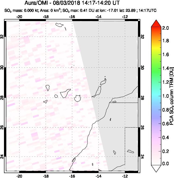 A sulfur dioxide image over Canary Islands on Aug 03, 2018.