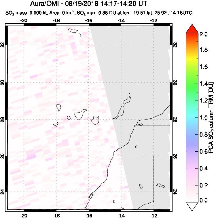 A sulfur dioxide image over Canary Islands on Aug 19, 2018.