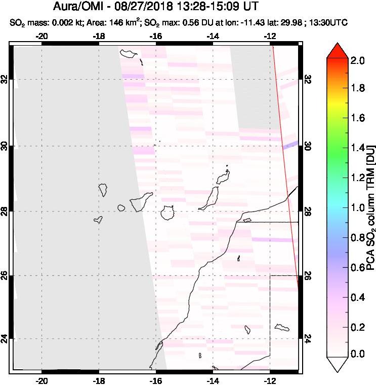 A sulfur dioxide image over Canary Islands on Aug 27, 2018.