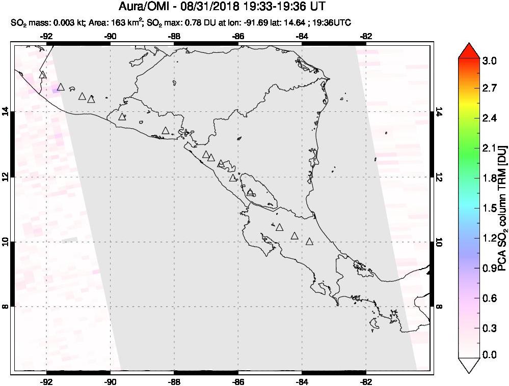A sulfur dioxide image over Central America on Aug 31, 2018.