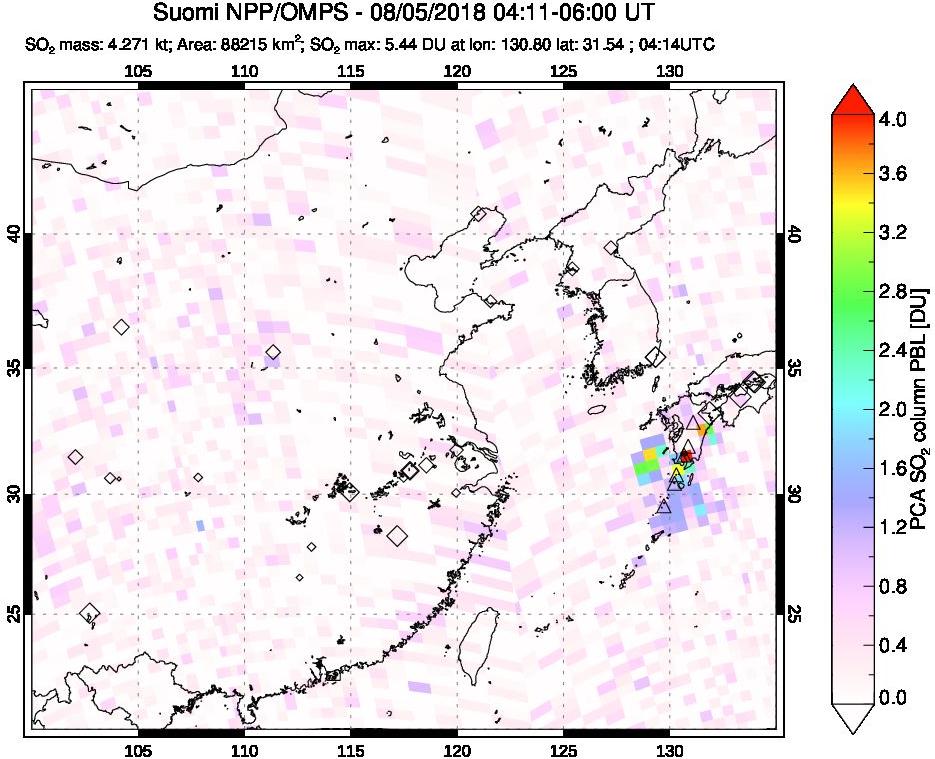 A sulfur dioxide image over Eastern China on Aug 05, 2018.