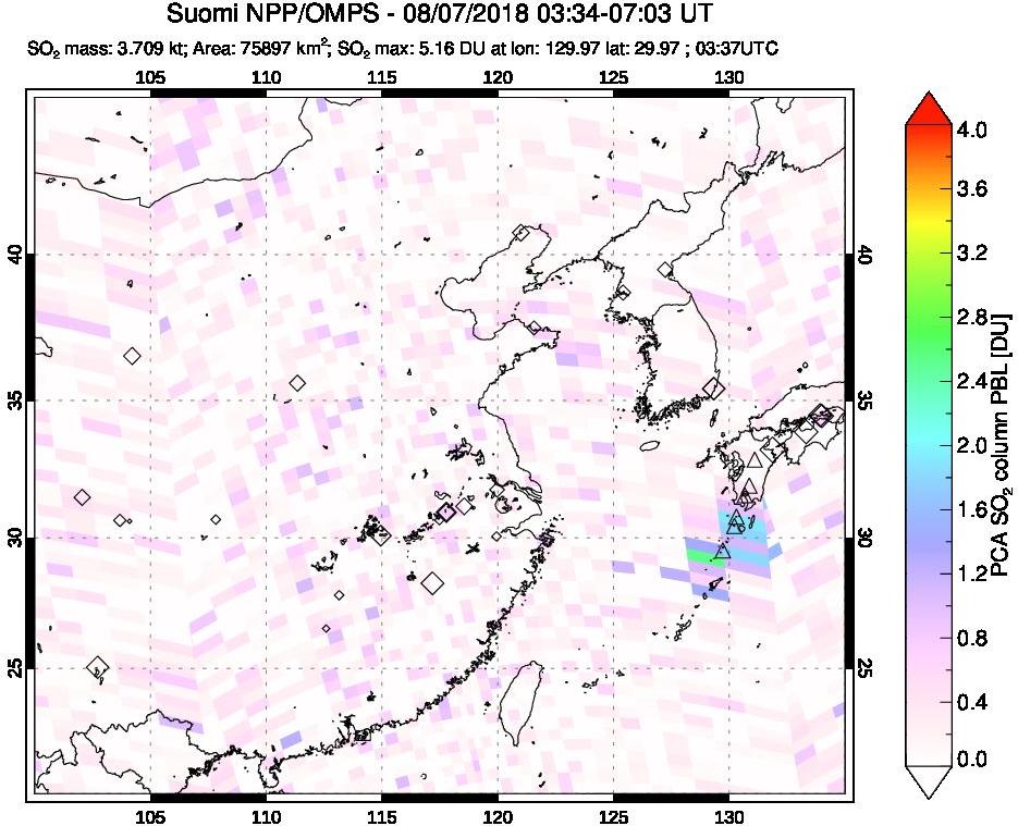 A sulfur dioxide image over Eastern China on Aug 07, 2018.