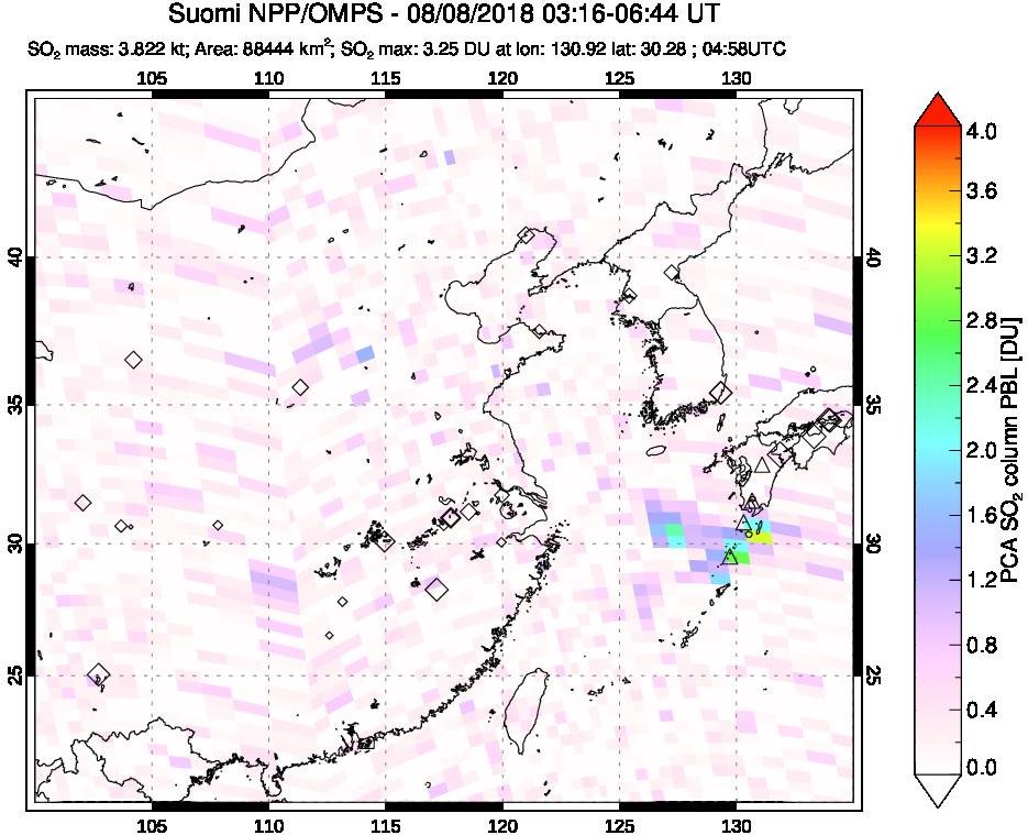 A sulfur dioxide image over Eastern China on Aug 08, 2018.