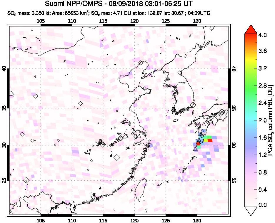 A sulfur dioxide image over Eastern China on Aug 09, 2018.