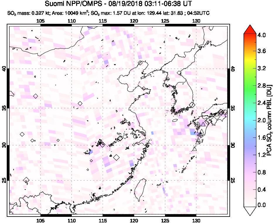 A sulfur dioxide image over Eastern China on Aug 19, 2018.