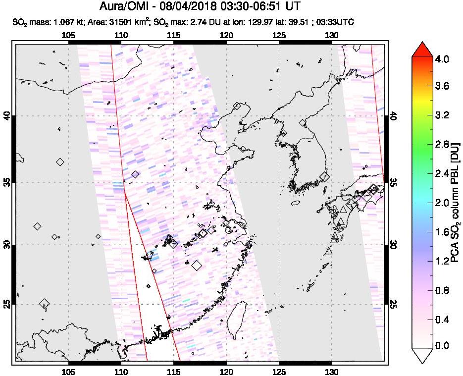 A sulfur dioxide image over Eastern China on Aug 04, 2018.