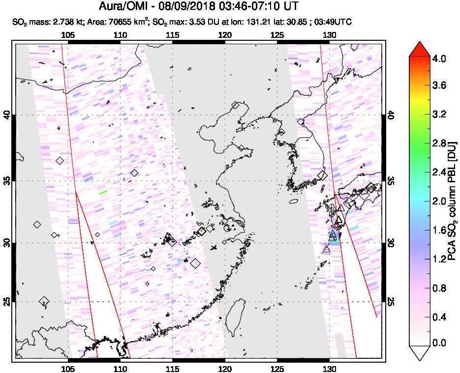 A sulfur dioxide image over Eastern China on Aug 09, 2018.