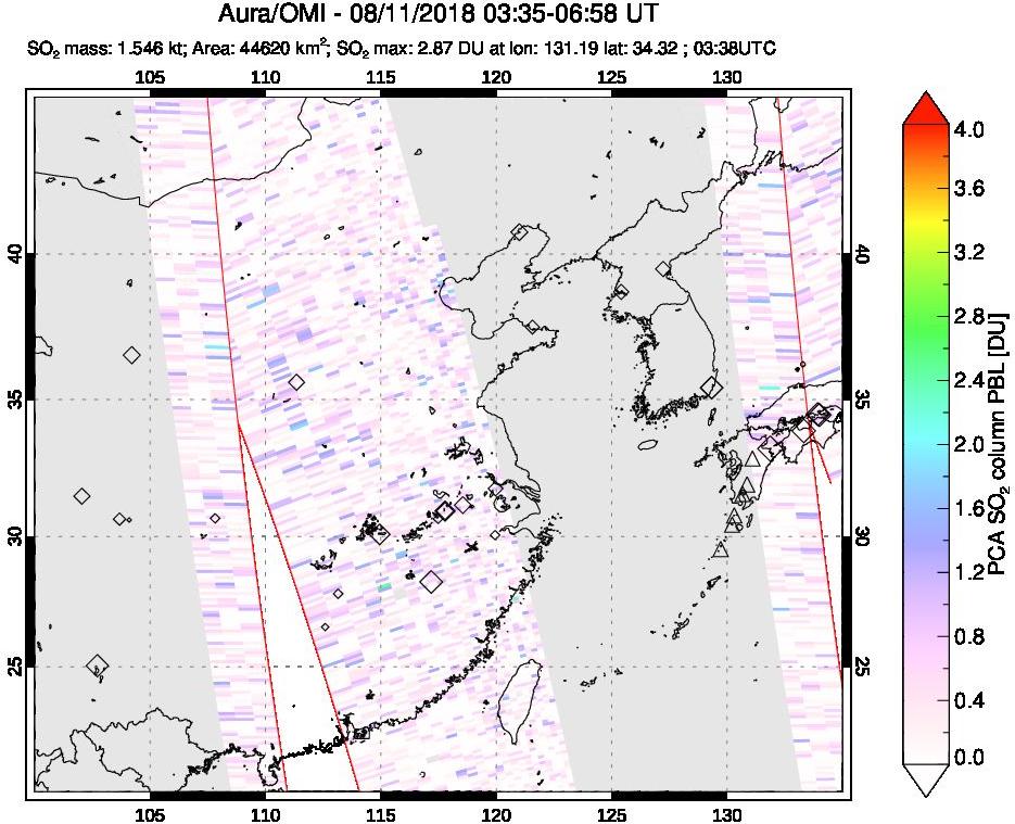 A sulfur dioxide image over Eastern China on Aug 11, 2018.