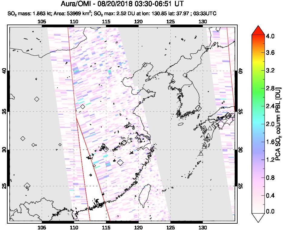 A sulfur dioxide image over Eastern China on Aug 20, 2018.