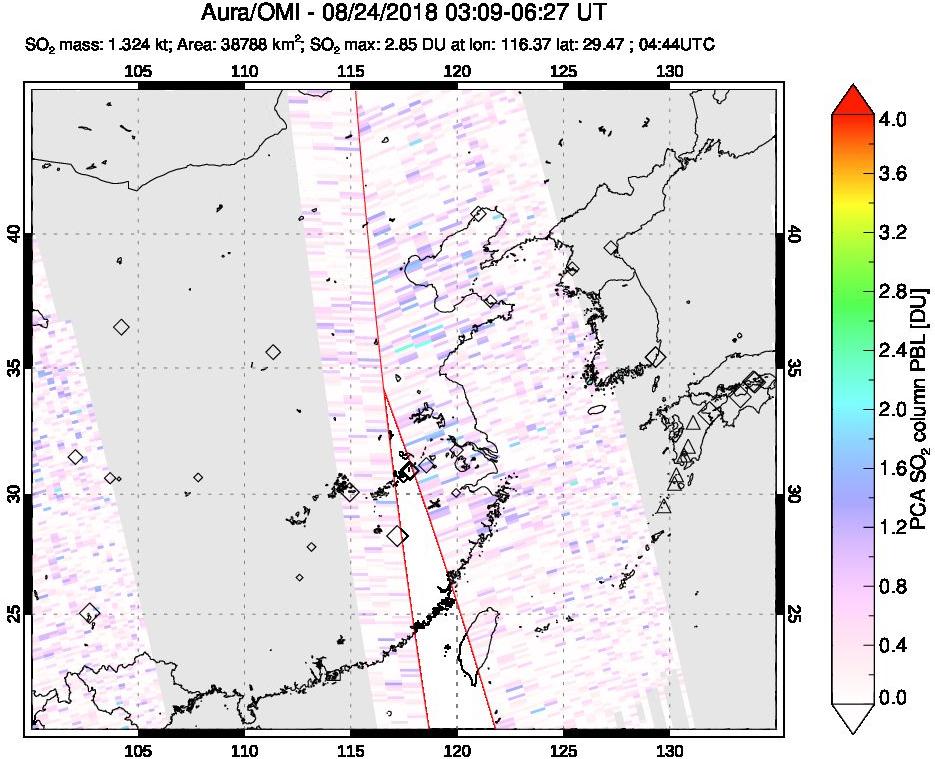 A sulfur dioxide image over Eastern China on Aug 24, 2018.