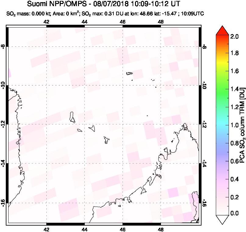 A sulfur dioxide image over Comoro Islands on Aug 07, 2018.