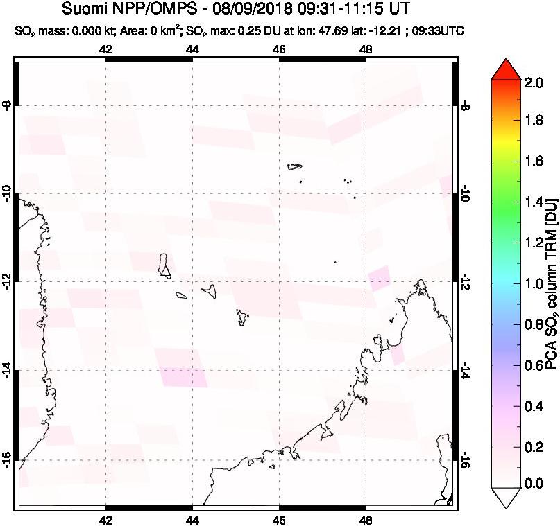 A sulfur dioxide image over Comoro Islands on Aug 09, 2018.
