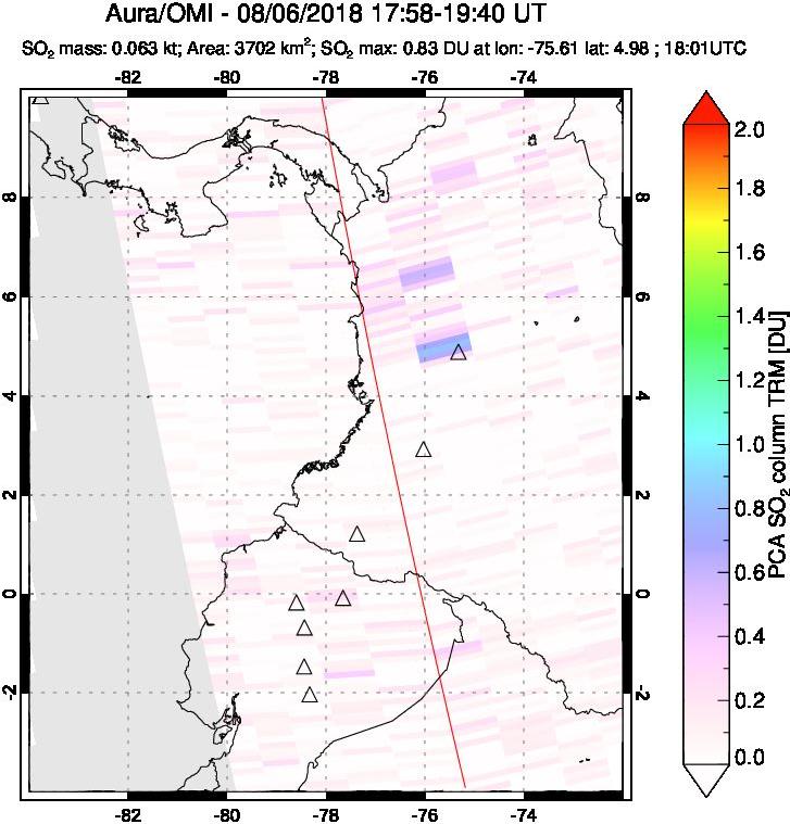 A sulfur dioxide image over Ecuador on Aug 06, 2018.