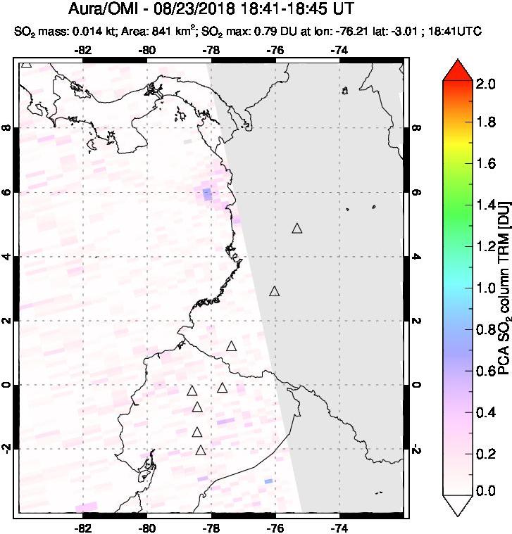 A sulfur dioxide image over Ecuador on Aug 23, 2018.