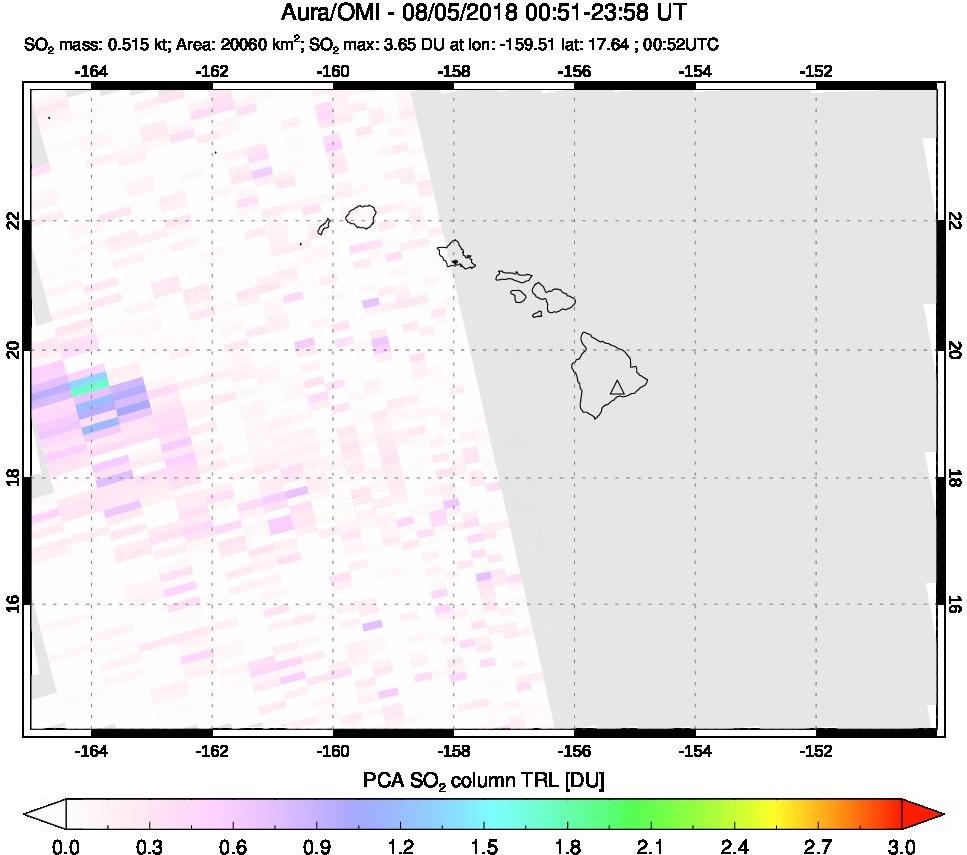A sulfur dioxide image over Hawaii, USA on Aug 05, 2018.