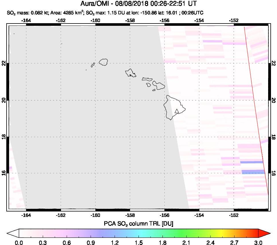 A sulfur dioxide image over Hawaii, USA on Aug 08, 2018.