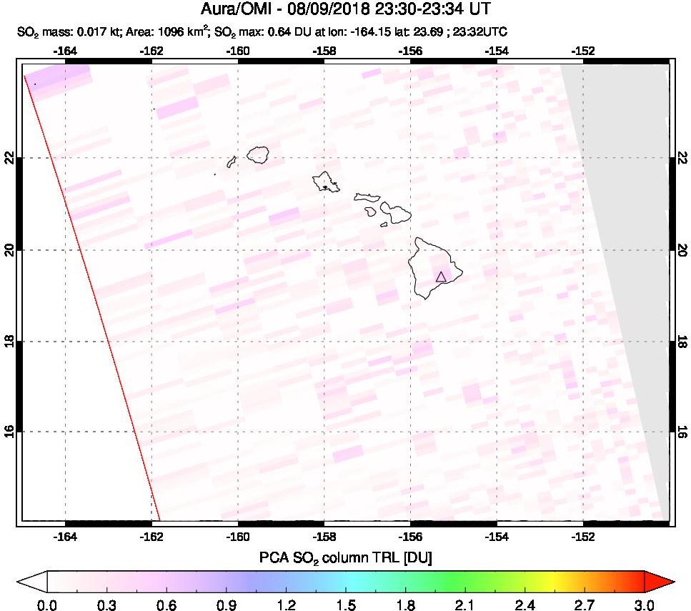 A sulfur dioxide image over Hawaii, USA on Aug 09, 2018.