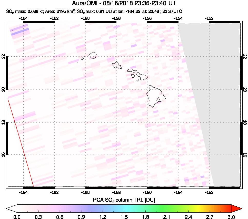 A sulfur dioxide image over Hawaii, USA on Aug 16, 2018.