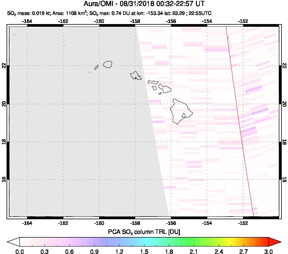 A sulfur dioxide image over Hawaii, USA on Aug 31, 2018.