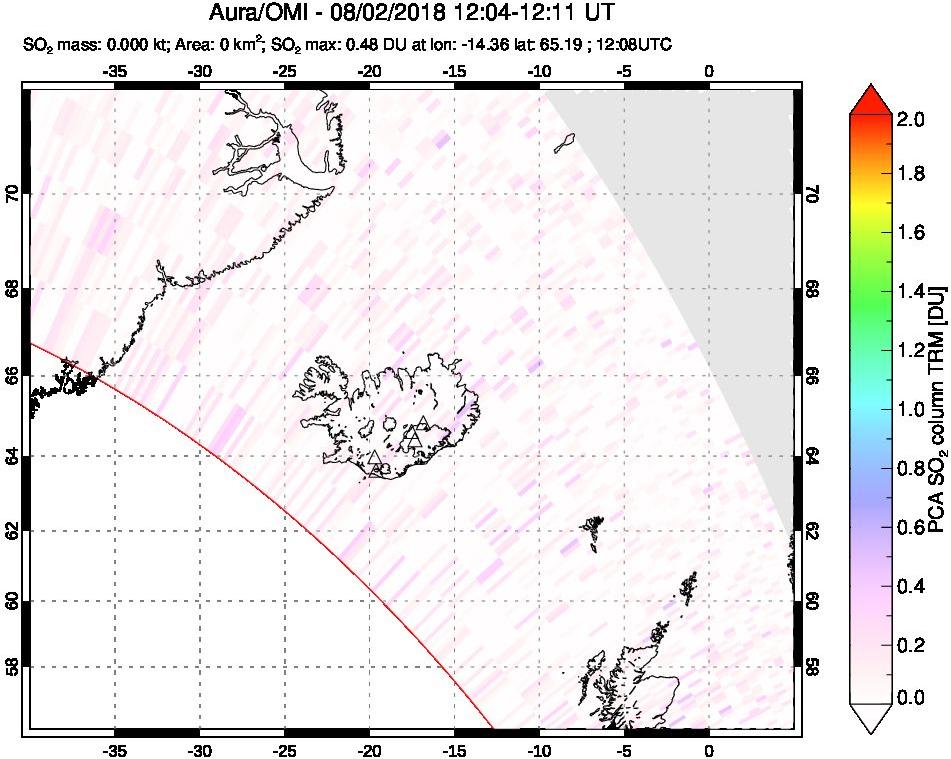 A sulfur dioxide image over Iceland on Aug 02, 2018.