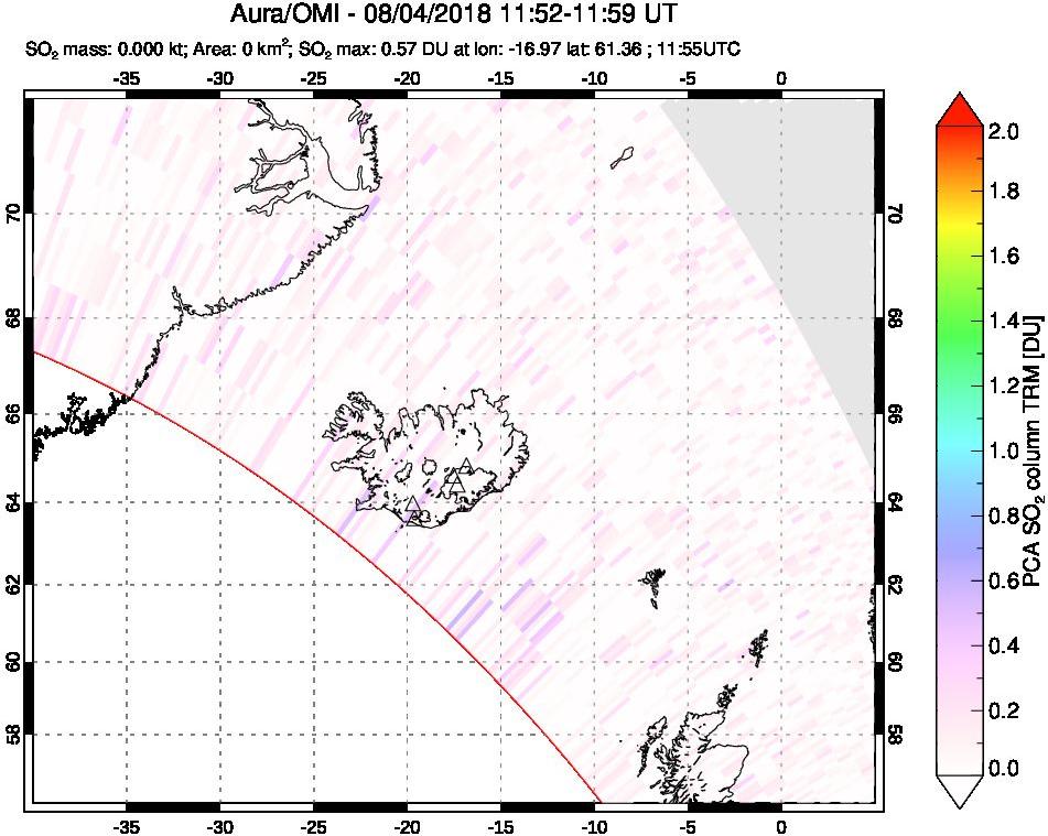A sulfur dioxide image over Iceland on Aug 04, 2018.