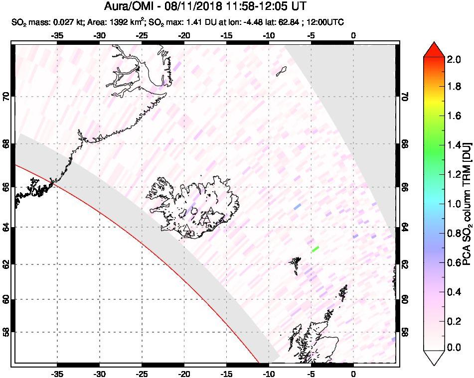 A sulfur dioxide image over Iceland on Aug 11, 2018.