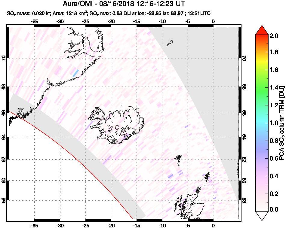A sulfur dioxide image over Iceland on Aug 16, 2018.