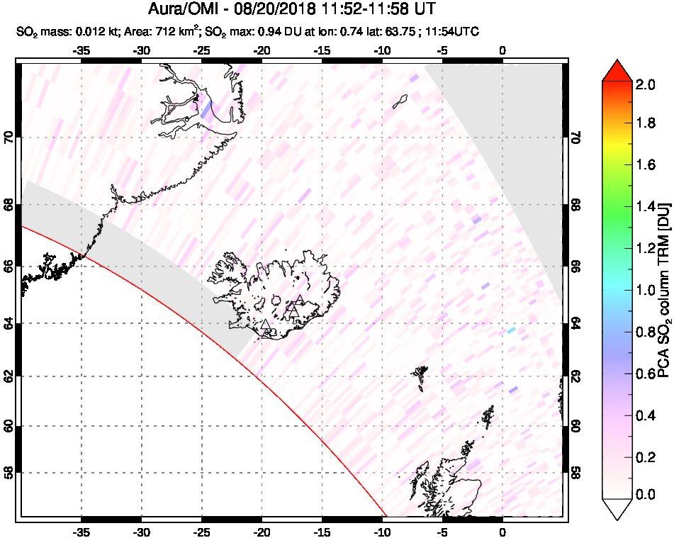 A sulfur dioxide image over Iceland on Aug 20, 2018.