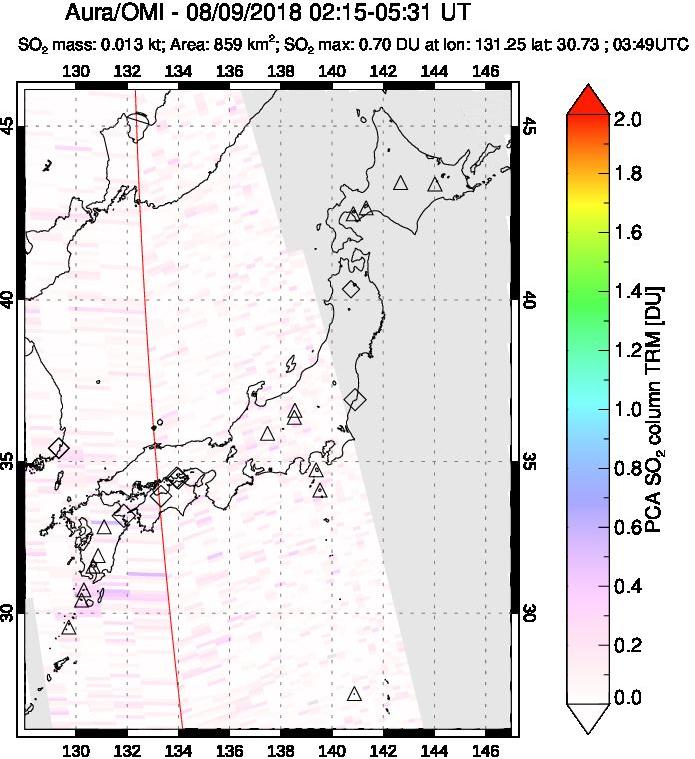 A sulfur dioxide image over Japan on Aug 09, 2018.