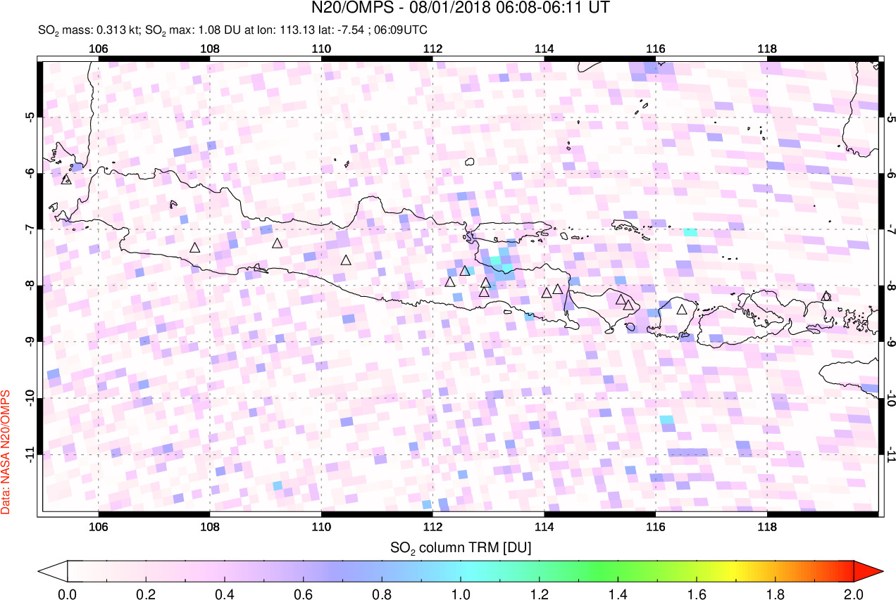 A sulfur dioxide image over Java, Indonesia on Aug 01, 2018.