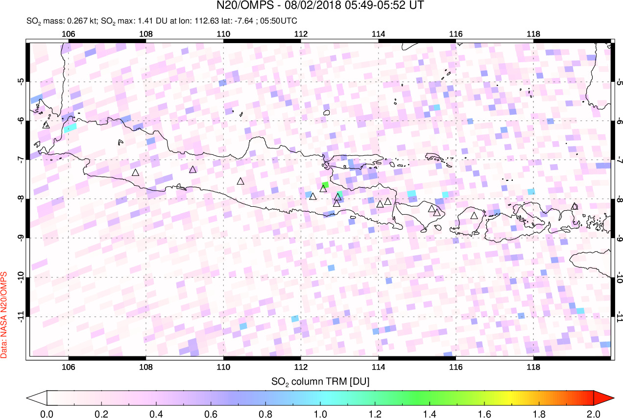 A sulfur dioxide image over Java, Indonesia on Aug 02, 2018.