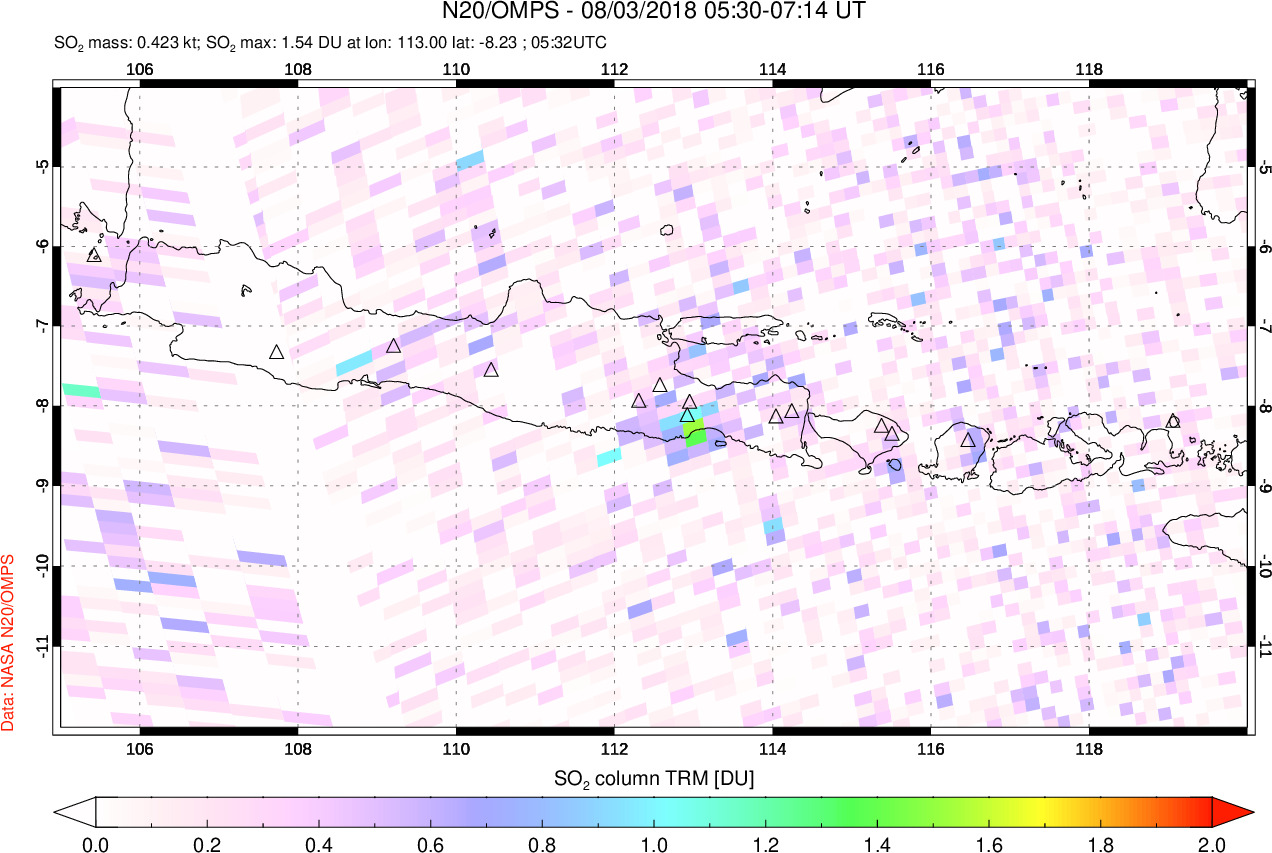 A sulfur dioxide image over Java, Indonesia on Aug 03, 2018.