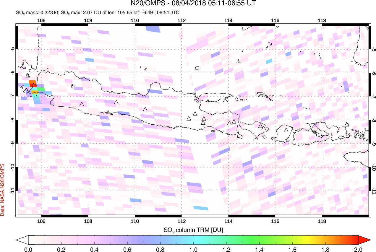 A sulfur dioxide image over Java, Indonesia on Aug 04, 2018.