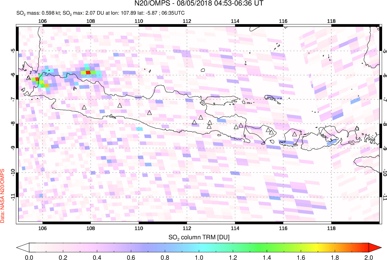A sulfur dioxide image over Java, Indonesia on Aug 05, 2018.
