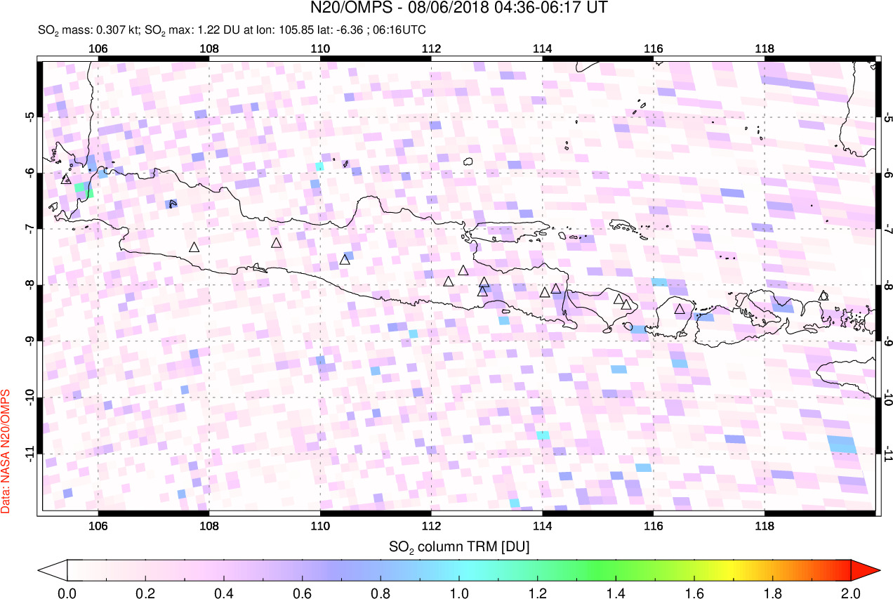 A sulfur dioxide image over Java, Indonesia on Aug 06, 2018.