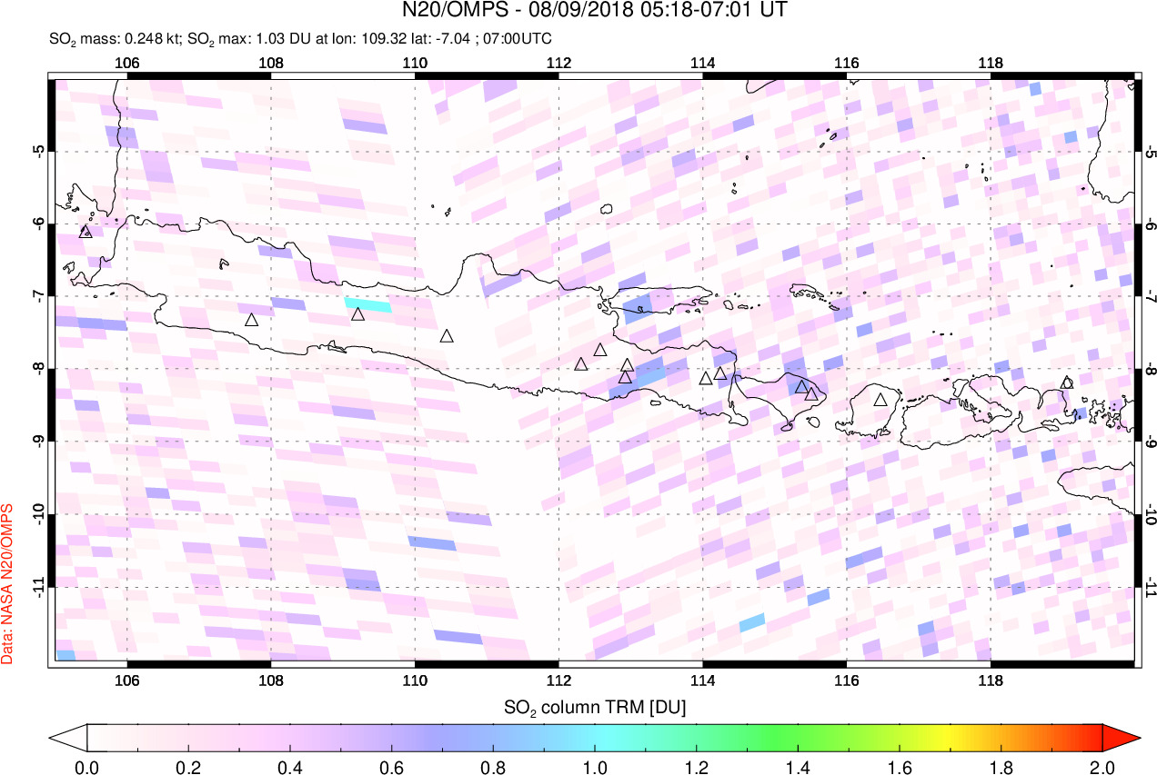 A sulfur dioxide image over Java, Indonesia on Aug 09, 2018.