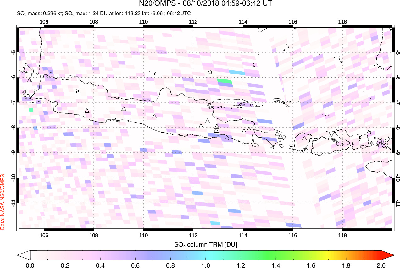 A sulfur dioxide image over Java, Indonesia on Aug 10, 2018.