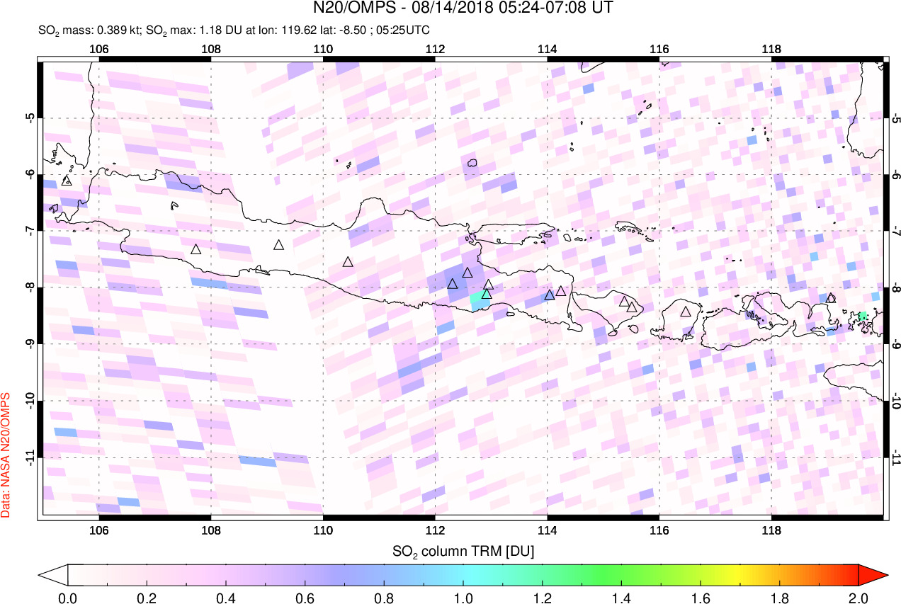 A sulfur dioxide image over Java, Indonesia on Aug 14, 2018.