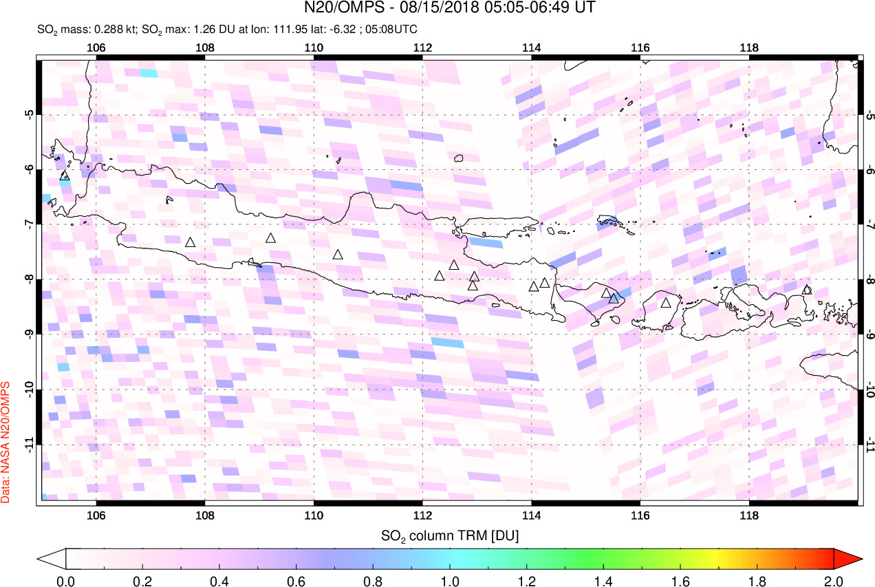 A sulfur dioxide image over Java, Indonesia on Aug 15, 2018.