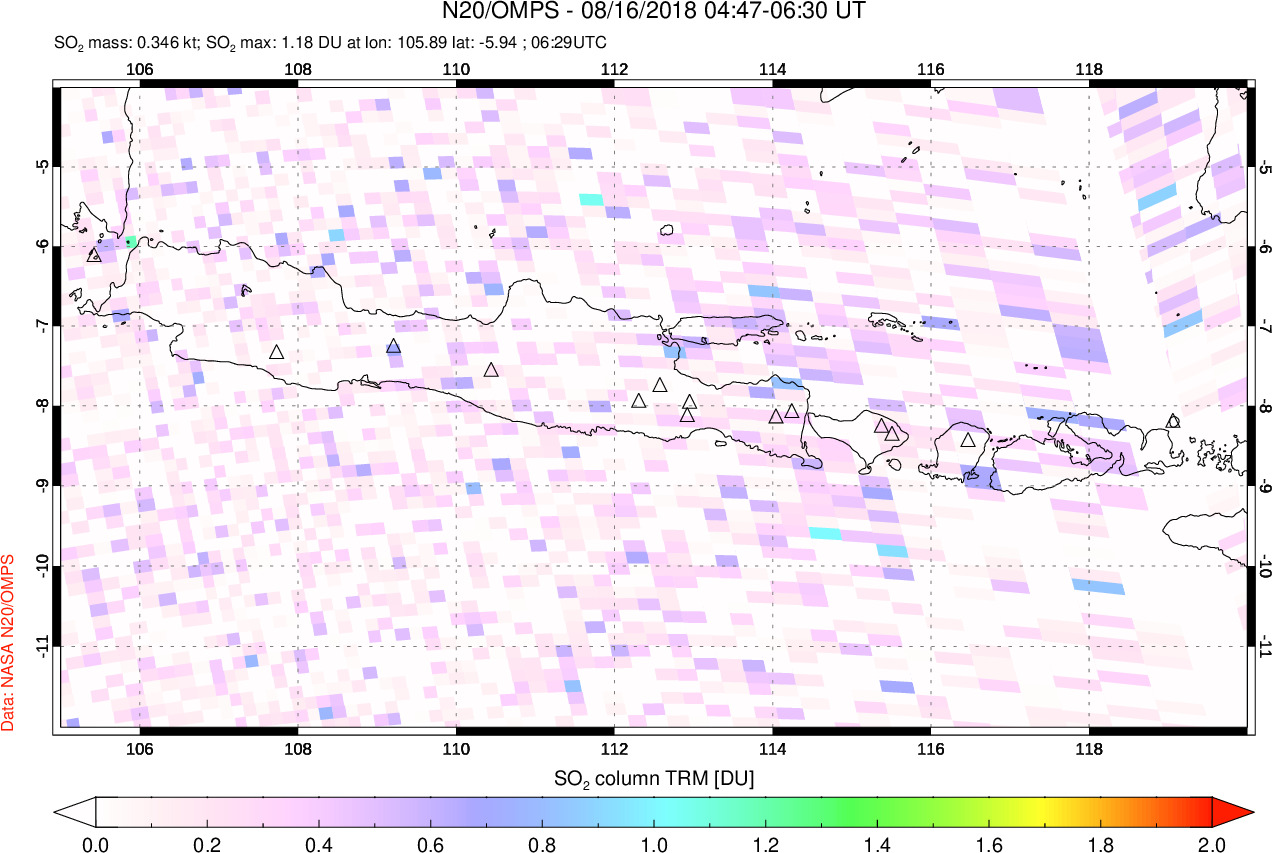 A sulfur dioxide image over Java, Indonesia on Aug 16, 2018.