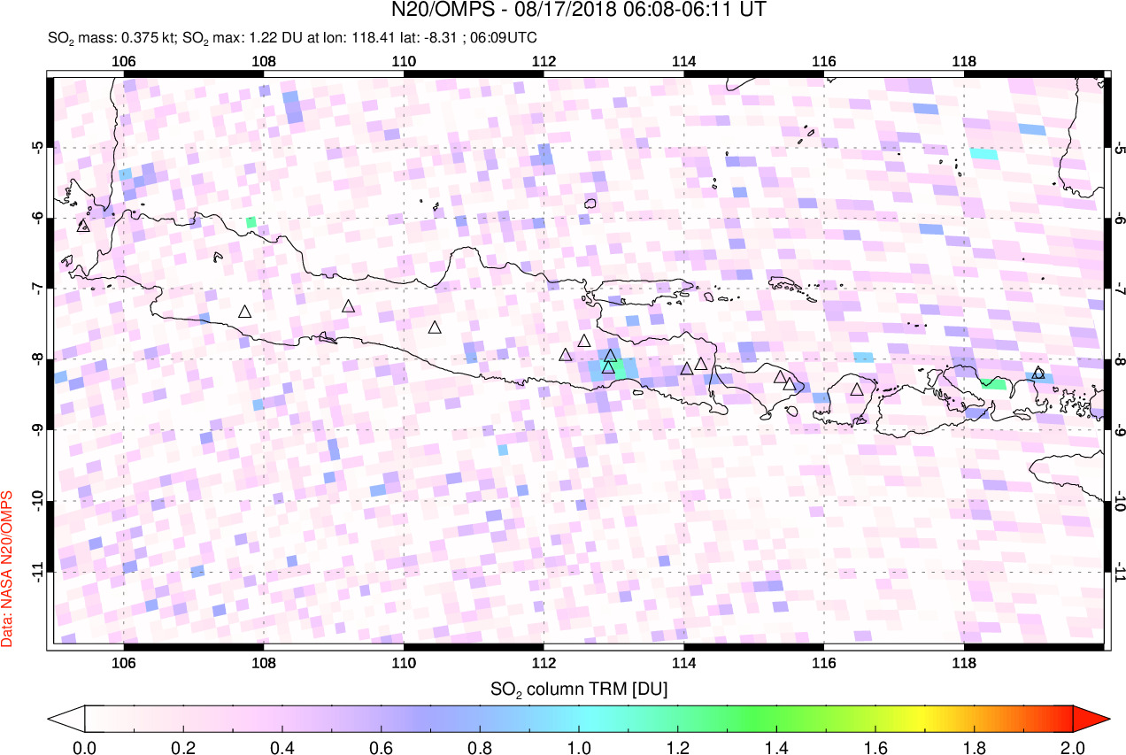 A sulfur dioxide image over Java, Indonesia on Aug 17, 2018.