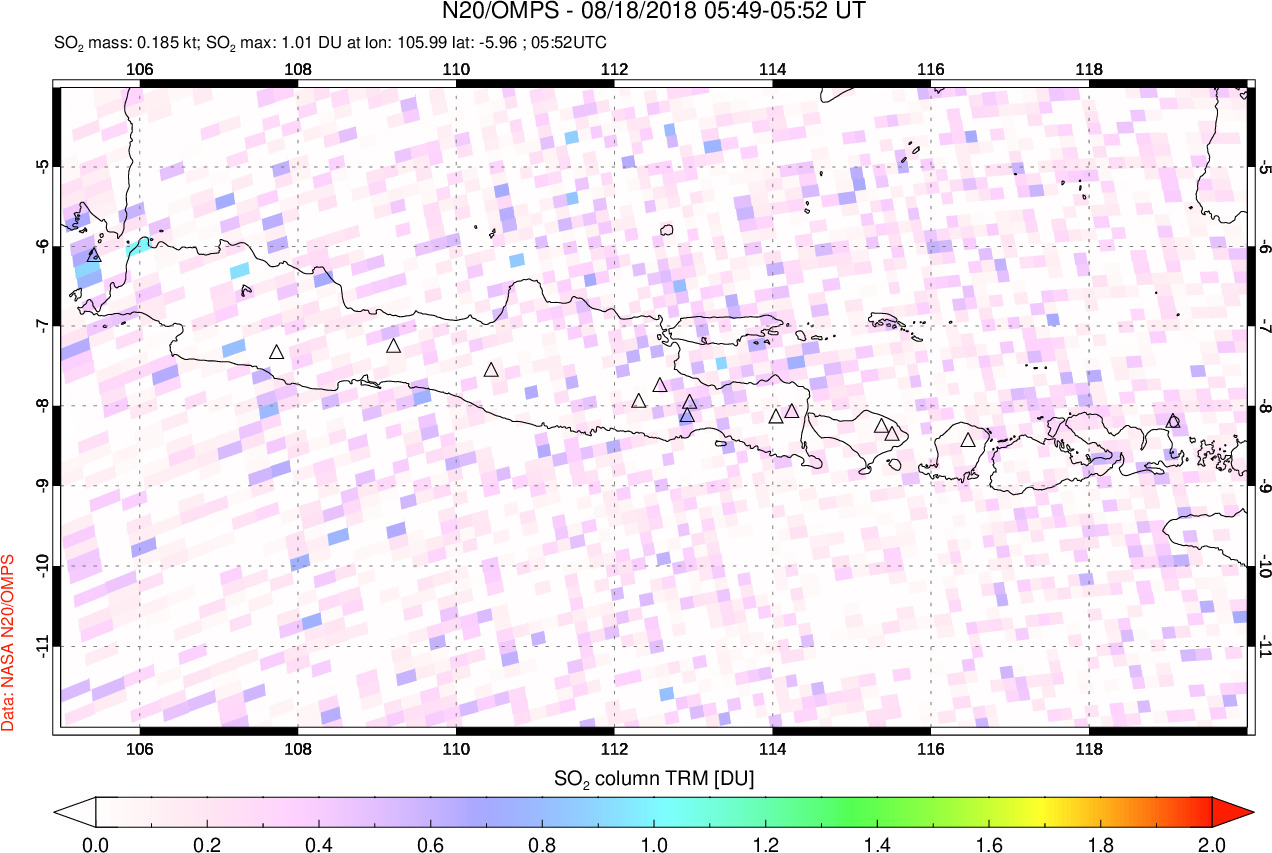 A sulfur dioxide image over Java, Indonesia on Aug 18, 2018.