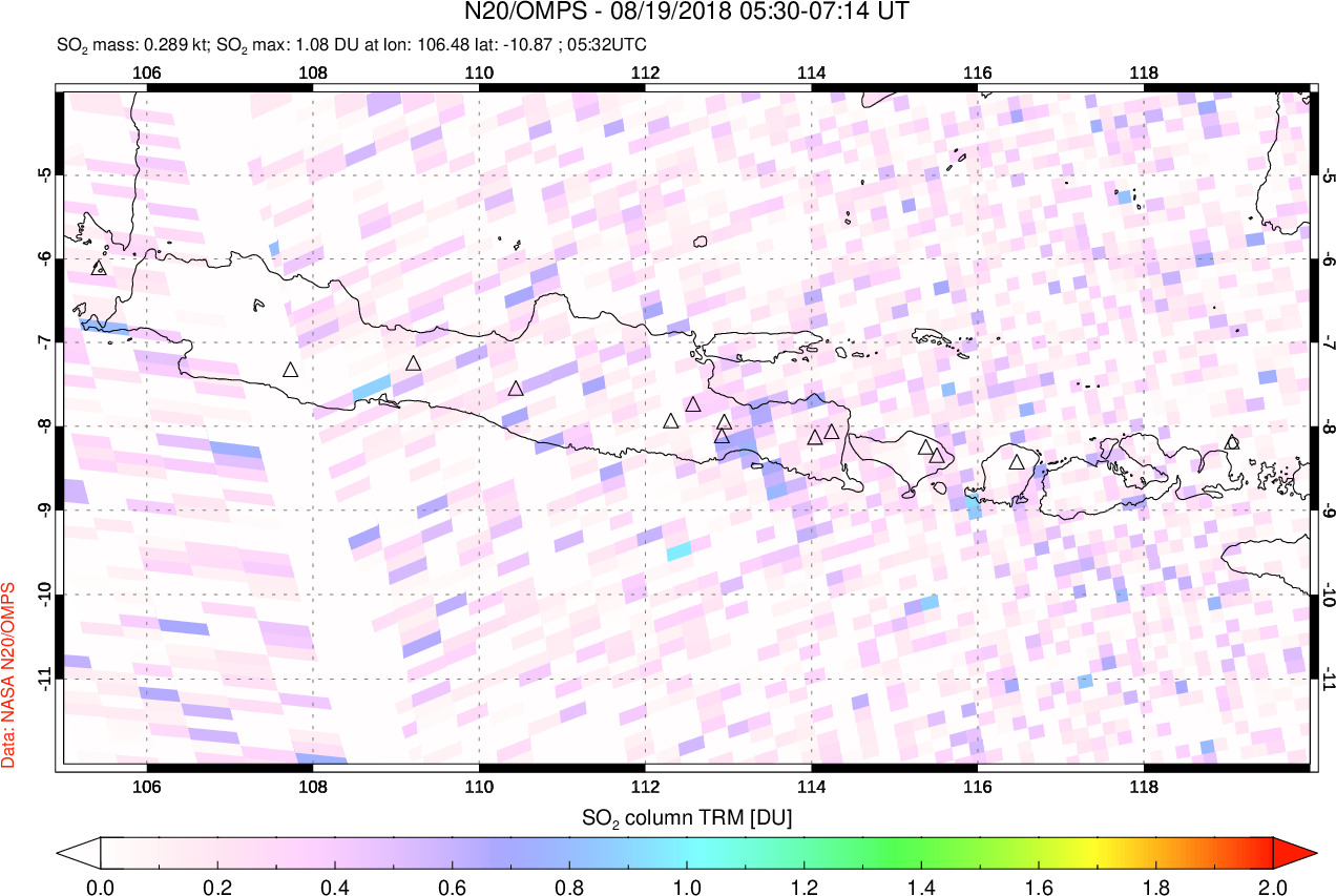 A sulfur dioxide image over Java, Indonesia on Aug 19, 2018.