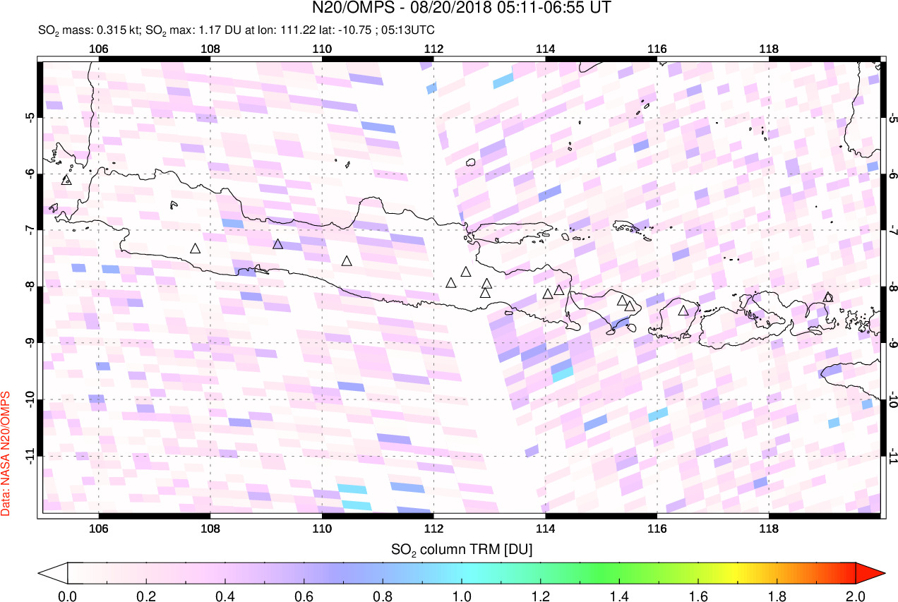 A sulfur dioxide image over Java, Indonesia on Aug 20, 2018.